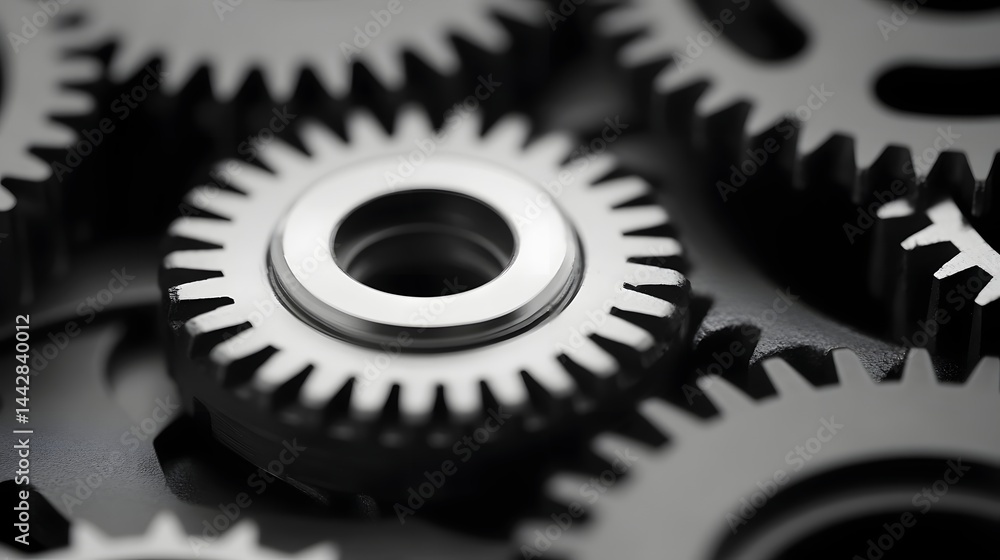 Detailed close-up of black and white mechanical gears and cogs long_title:This image showcases a detailed and intricate close-up view of black and Detailed close-up of black and white mechanical gears and cogs long_title:This image showcases a detailed and intricate close-up view of black and