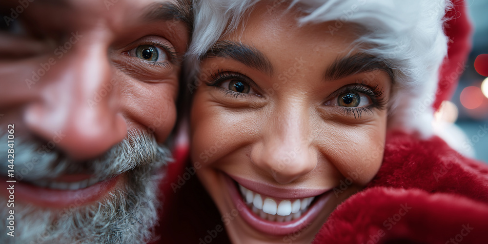 Nahaufnahme eines glücklichen Seniorenpaares mit Weihnachtsmützen und strahlenden Lächeln