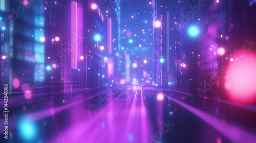 A vibrant disco scene with neon blue and purple lights flashing in the background, enhanced by a bokeh effect that adds a dreamy, mesmerizing feel.