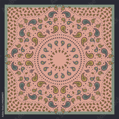 Pastel beige scarf or bandana design with paisley mandala pattern. Ethnic pink carpet design. Abstract boho background.