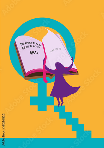 End Women Illiteracy Campaign design. A figure of lady flips pages of a book and read to stop illiteracy in general and end to injustice of women's rights. Vector Eps10 and jpg.