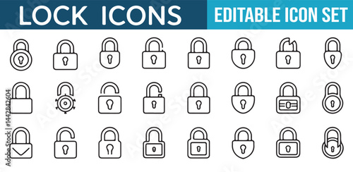 Set of line art padlocks with keyholes, locks, and unlocked states, suitable for online security and privacy applications.