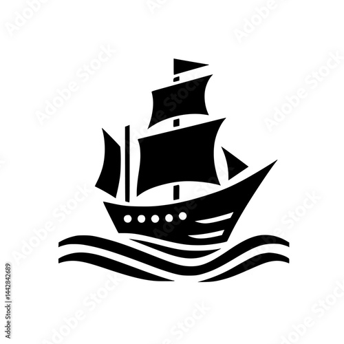 Stylized Black Sailing Ship Icon on Waves - Nautical Vector Graphic
