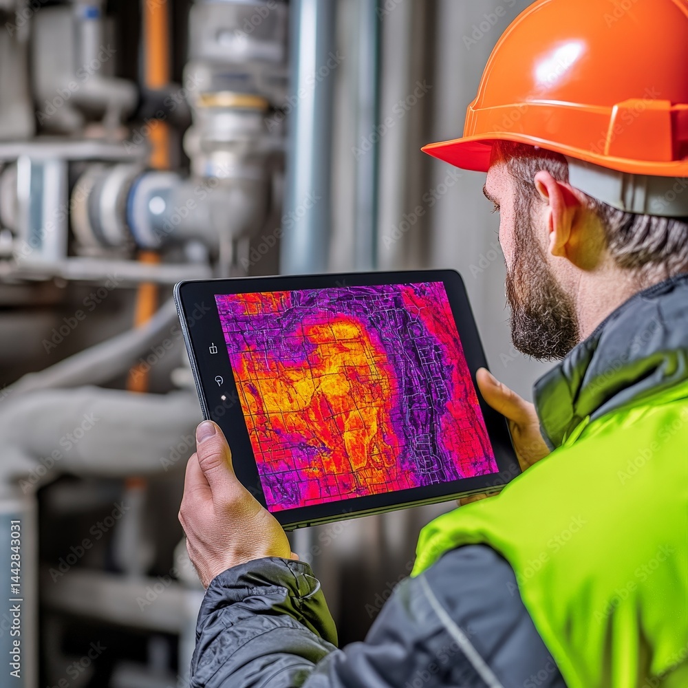 Industrial Worker Using Thermal Imaging Camera on Tablet