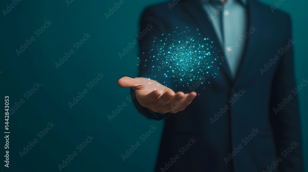 Corporate leader holding a futuristic hologram
