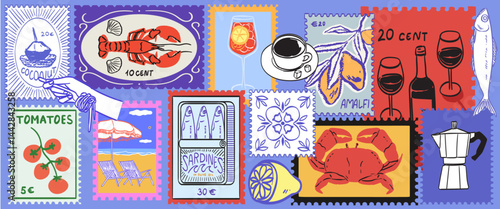 Summer in Italy. Vector illustration of postage stamps with image of coffee, wine, lobster or crab on a plate, lemons sardines drawing for poster, placard print. Mediterranean vacation collage element