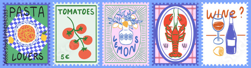 Summer in Italy. Amalfi. Vector illustration of postage stamps with image of Pasta, wine, lobster on a plate, tomatoes drawing for poster, placard or menu print. Mediterranean vacation post cards.