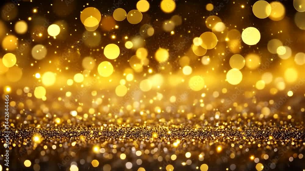 Golden bokeh sparkles illuminate from below, floating gently, creating a festive atmosphere Golden bokeh sparkles illuminate from below, floating gently, creating a festive atmosphere