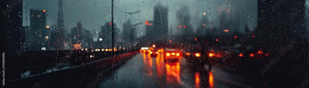 Obraz premium Raindrop on a window across cityscape with layered water texture concept. A rainy night in the city with illuminated cars and buildings.