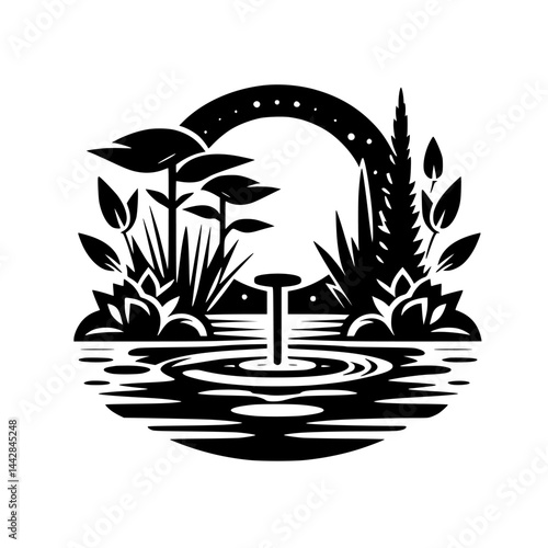 Graphic Zen Garden with Water Feature and Plants in Black and White