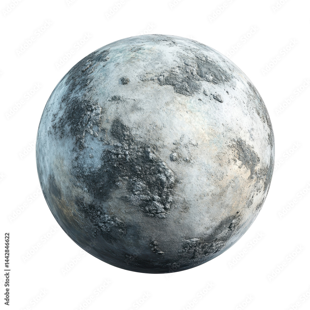 Obraz premium A gray, cratered, rocky sphere appears to be a digitally rendered image of a distant planetary body in space.