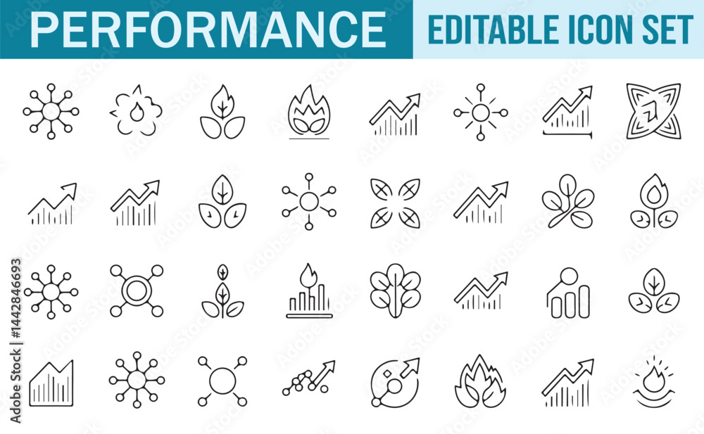 Fototapeta premium Line art set with icons symbolizing fire, nature, analytics, and energy for tech and business purposes.