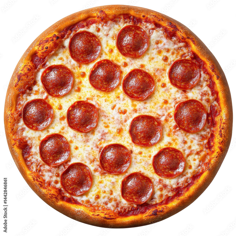 © Agri - A complete pepperoni pizza, featuring a crispy crust, melted mozzarella cheese, and evenly distributed pepperoni slices, presented in a circular format.