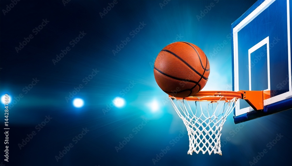 the orange basketball ball flies through the basket blue color filter horizontal sport poster greeting cards headers website the orange basketball ball flies through the basket blue color filter horizontal sport poster greeting cards headers website
