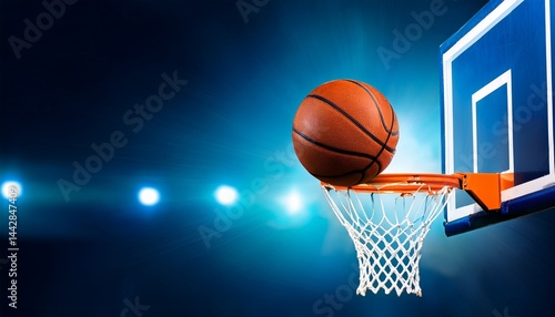 the orange basketball ball flies through the basket blue color filter horizontal sport poster greeting cards headers website