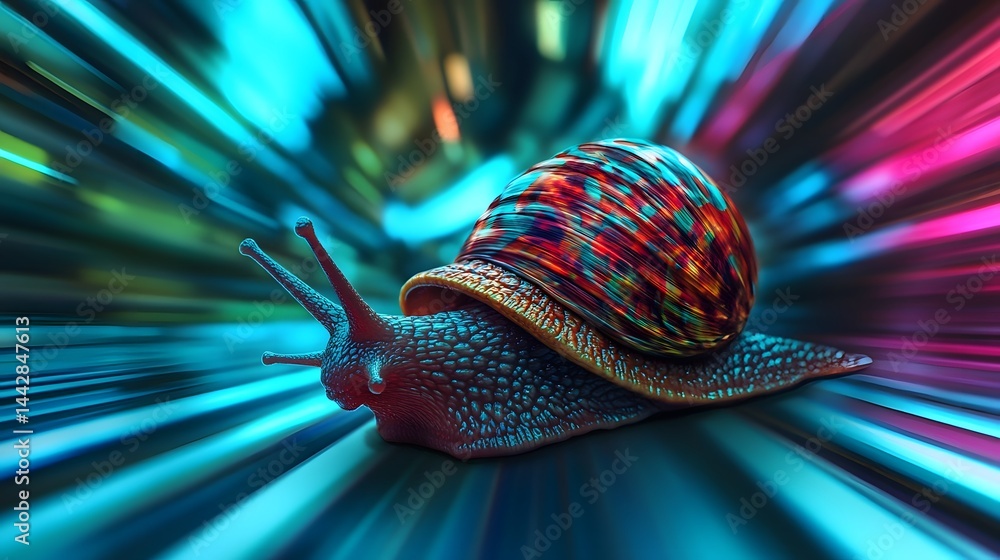 Futuristic snail racing on a vibrant, high-speed track