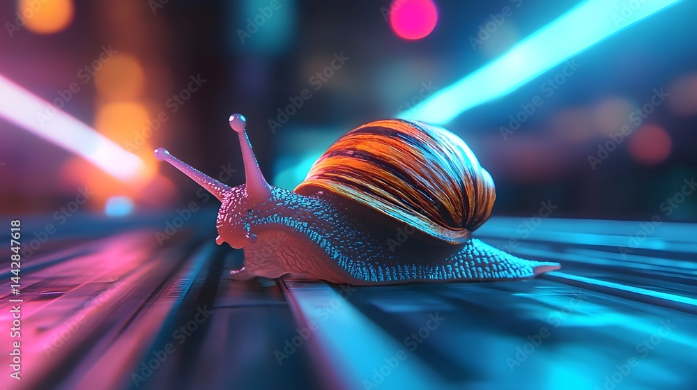 A mechanical snail races on a futuristic neon track