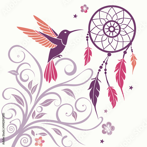 boho style Illustration of colibri birds in wall art design. 
