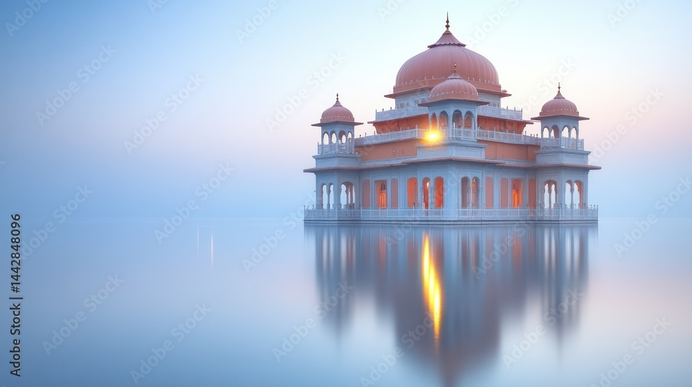 Obraz premium Sunrise Mosque, Calm Lake, Mist, India, Peaceful
