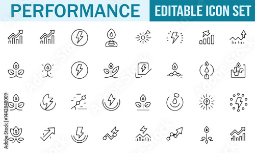 Set of line icons illustrating energy, growth, and analytics suitable for nature and tech sectors.
