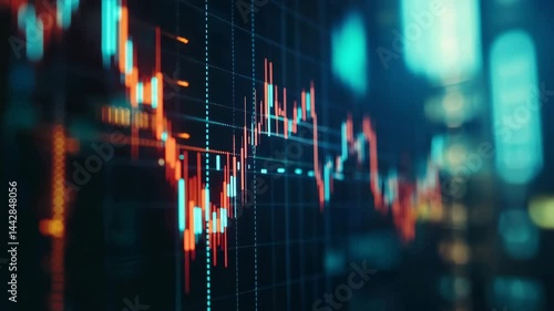 Digital display of financial chart shows fluctuating stock market data with red and blue sticks - market volatility and economic analysis concept.
