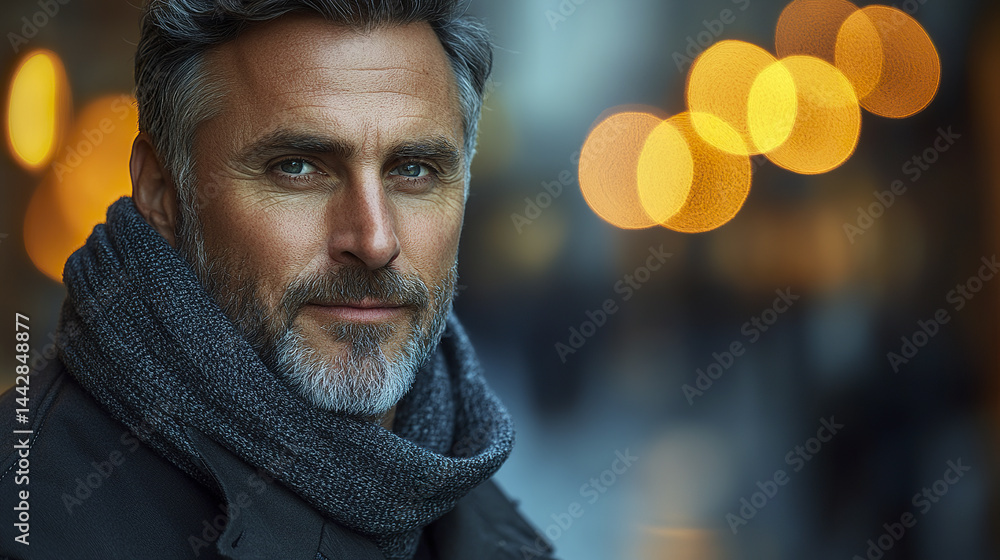 mature man with beard in urban setting, illuminated by warm glowing lights, exudes confidence mature man with beard in urban setting, illuminated by warm glowing lights, exudes confidence
