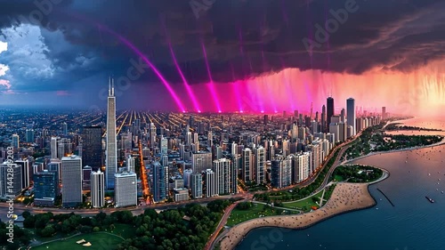 Dramatic Sunset Over a Modern City with Skyscrapers and a River Reflected in Calm Waters