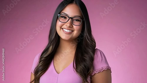 Smiling young woman with long hair and glasses wearing pink top against a pink backdrop