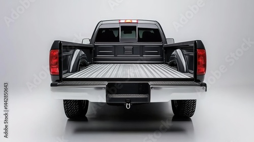 Black pickup truck with open tailgate.