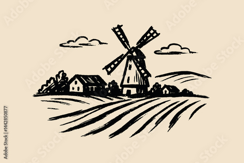 Windmill and farm landscape, black brush sketch in rustic style