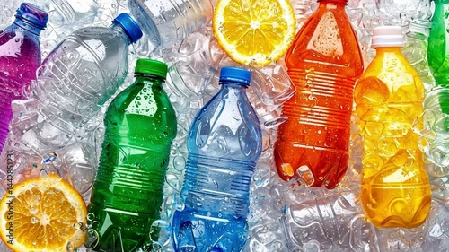 Colorful Bottles of Water Surrounded by Ice and Fresh Fruit Slices for Refreshing Summer Vibes