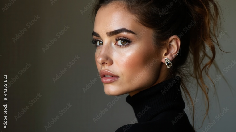Art portrait woman in black turtleneck. Hair high beam, perfect profile face. Elegant beauty style. Earrings in the ears.