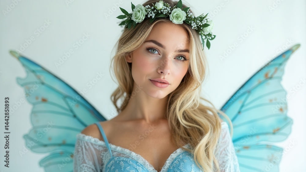 Charming fairy woman in a blue ethereal dress and a wreath on her head on white background, gentle mysterious blonde girl with perfect skin and makeup. Cleanliness, body care and s.