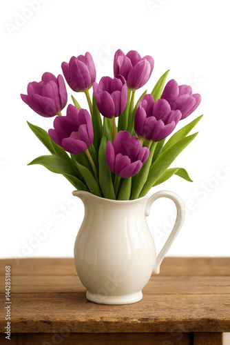Bright Purple Tulips in a White Pitcher on a Wooden Table