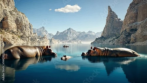 Hippos Swimming in Calm Waters Surrounded by Majestic Mountains Under Clear Blue Sky
