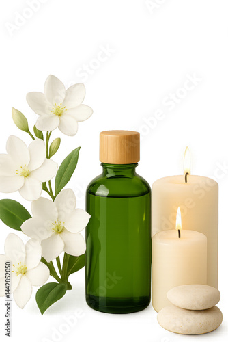 Relaxing Spa Arrangement With Essential Oil, Candles, and Flowers for a Calmi...