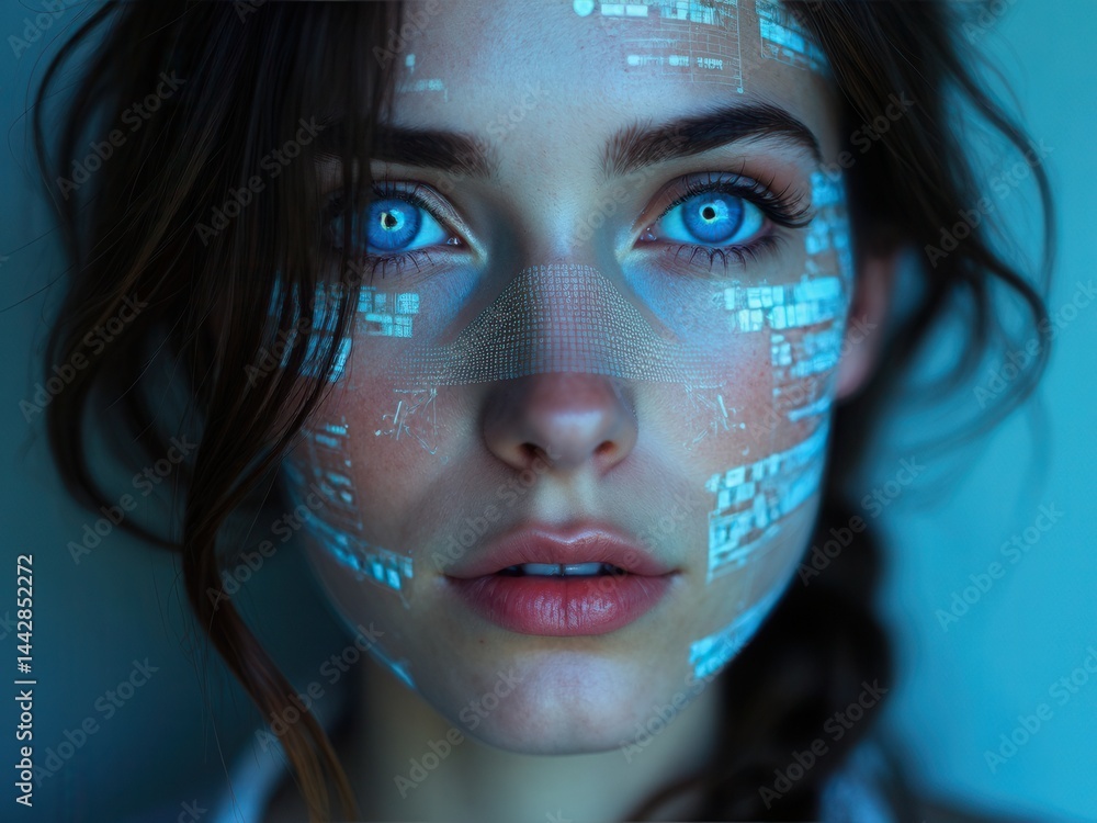 The focus is on a woman with striking blue eyes, her face adorned with a digital overlay that symbolizes the intersection of technology and beauty.