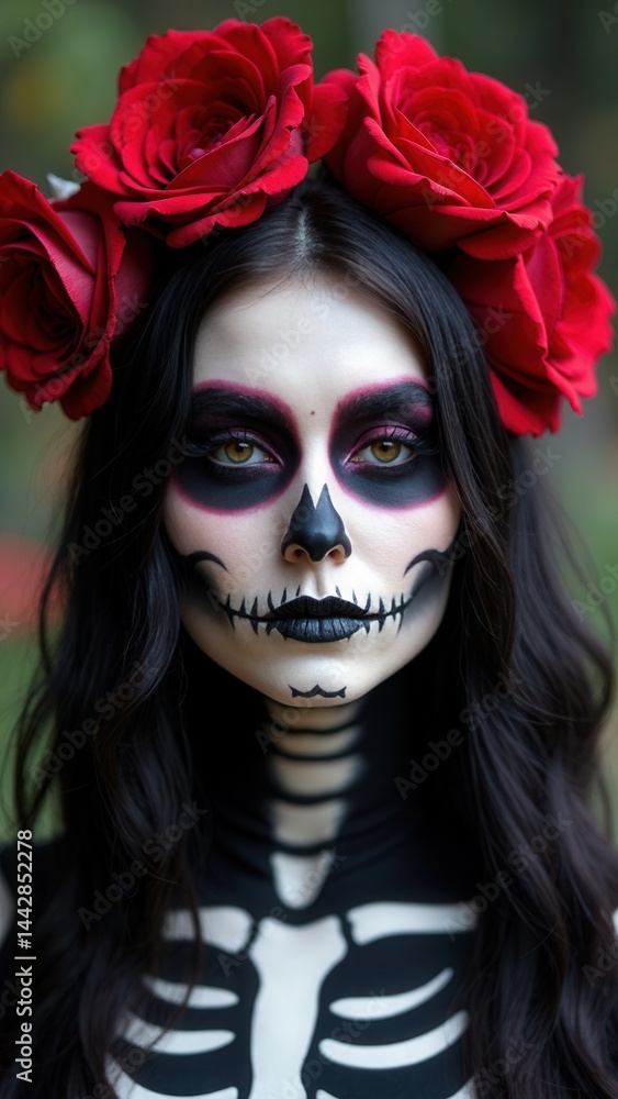 Halloween beauty skeleton woman makeup face. Girl death Halloween costume. Day of The Dead. Charming and dangerous Calavera Catrina.