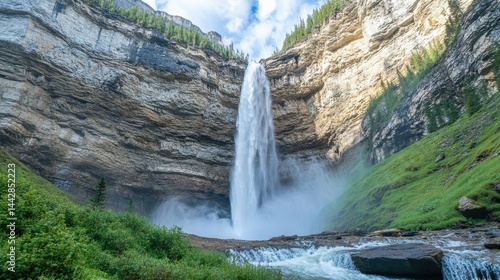 Majestic Waterfall Cascading Down Rocky Cliff in Lush Green Valley