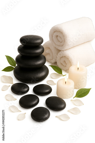 Relaxation Area With Stacked Stones, Candles, Towels, and Floral Elements for...