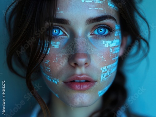 The focus is on a woman with striking blue eyes, her face adorned with a digital overlay that symbolizes the intersection of technology and beauty.