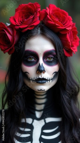Obraz na płótnie Halloween beauty skeleton woman makeup face. Girl death Halloween costume. Day of The Dead. Charming and dangerous Calavera Catrina. w salonie