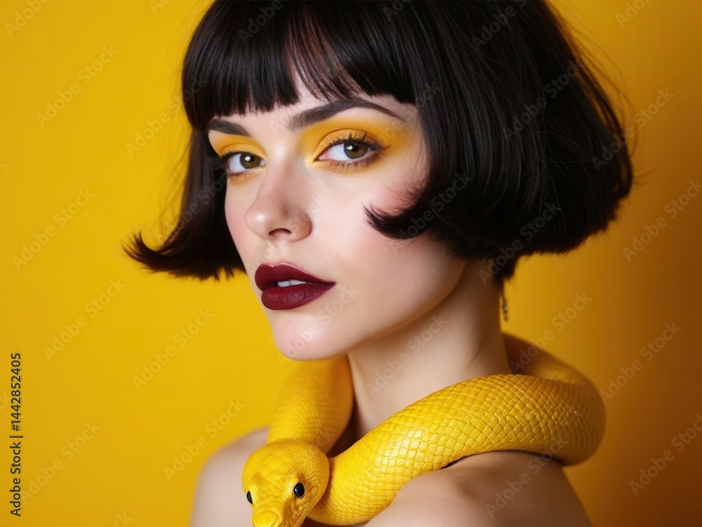 Beauty woman short haircut python yellow snake on her neck. A yellow snake on the shoulders of a girl. Beauty yellow eye shadow makeup, dark burgundy lipstick.