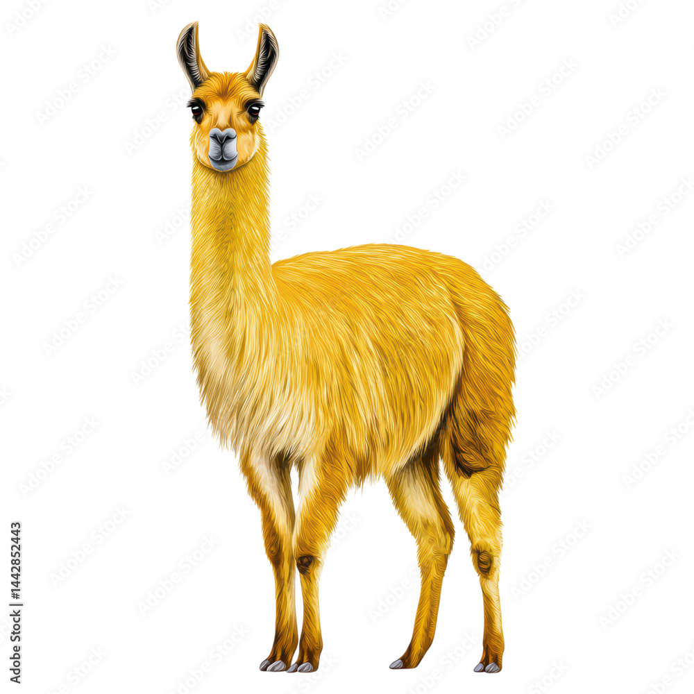 Fototapeta premium Yellow Fur Fun Animal Illustration of a Cute Llama with Big Eyes, isolated on transparent background.