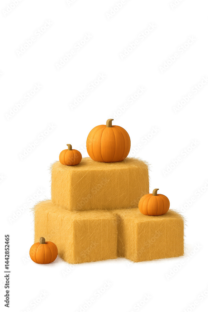 Colorful Pumpkins Arranged on Hay Bales in a Bright Setting for Harvest Season Display