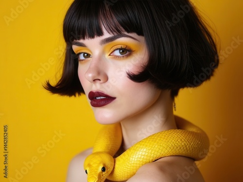 Obraz na płótnie Beauty woman short haircut python yellow snake on her neck. A yellow snake on the shoulders of a girl. Beauty yellow eye shadow makeup, dark burgundy lipstick. w salonie