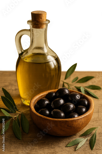 Olive Oil Bottle and Bowl of Black Olives With Green Leaves on Wooden Surface
