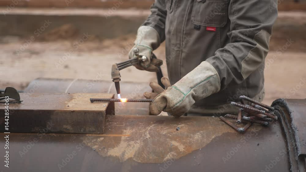 Welder heats rebar piece at open construction site. Flame lights steel rod under cloudy sky. Outdoor welding scene filled with motion Welder heats rebar piece at open construction site. Flame lights steel rod under cloudy sky. Outdoor welding scene filled with motion