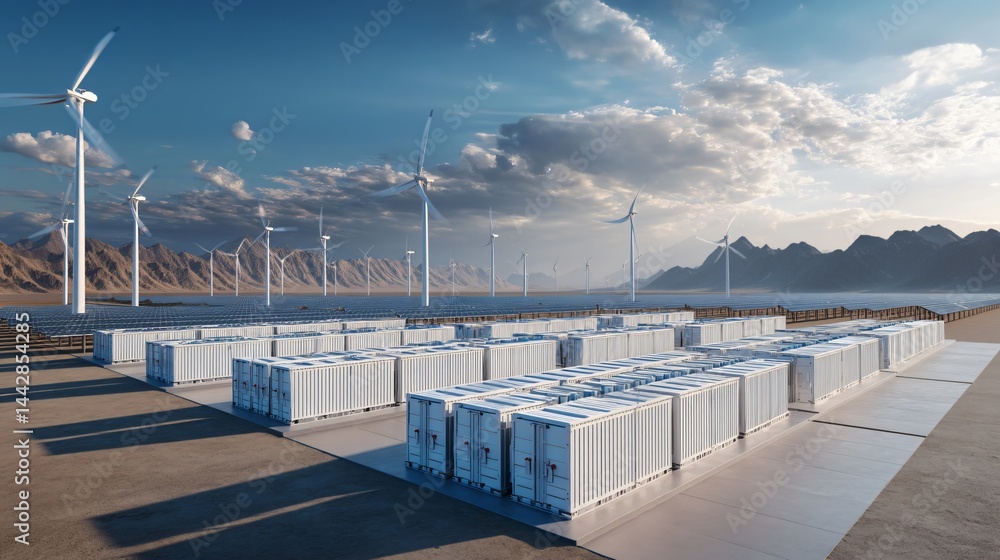 Naklejka premium Renewable Energy Park: Capturing the awe-inspiring beauty of an energy park, featuring a collection of wind turbines harnessing the power of the wind amidst a mesmerizing landscape.