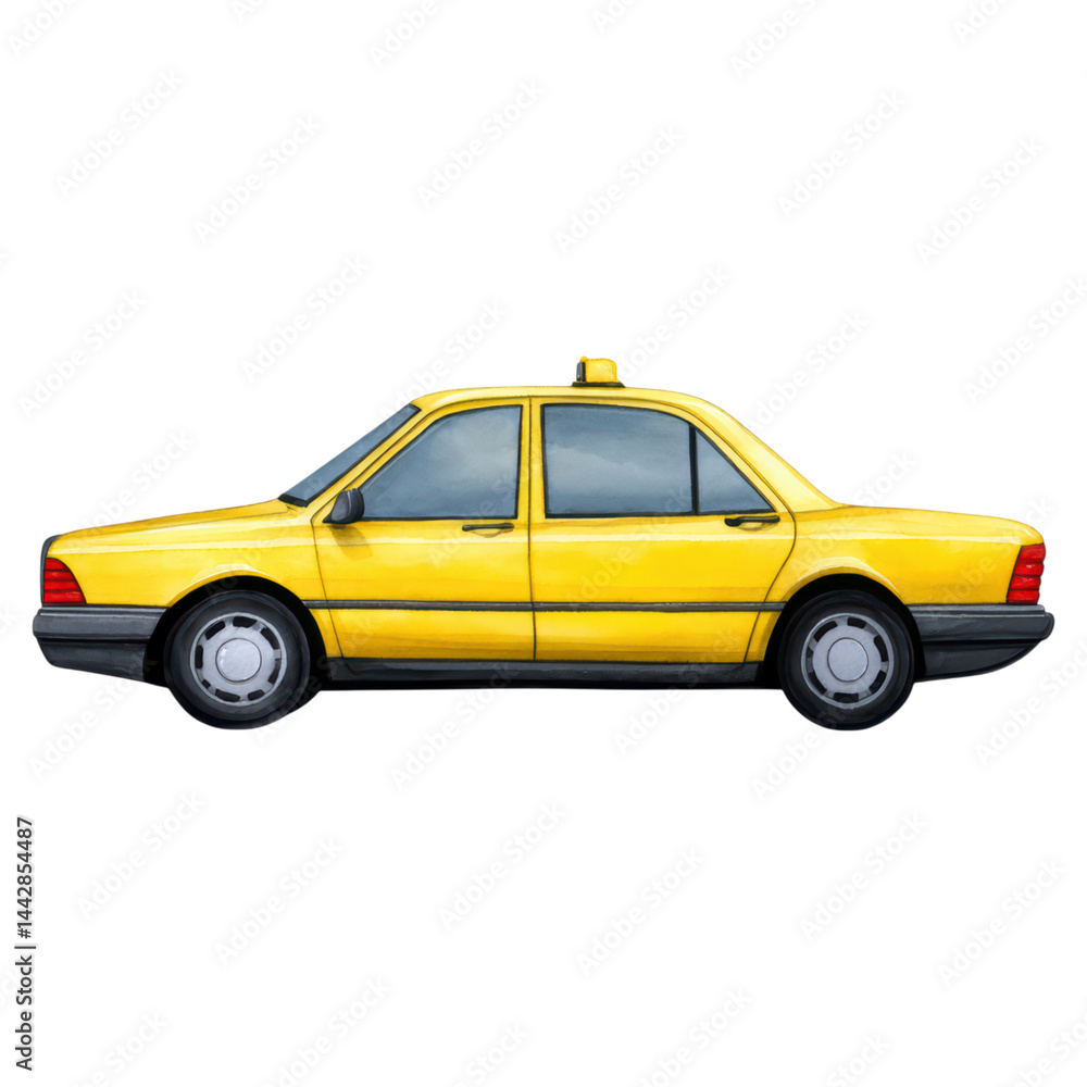 Bright Yellow Taxi Car Illustration in Side View for Transport Needs, isolated on transparent background. Bright Yellow Taxi Car Illustration in Side View for Transport Needs, isolated on transparent background.